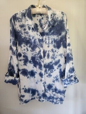 New Directions Blue Tie-Dye Button-Front Women's Shirt 100% Cotton